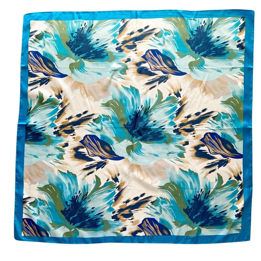 Oversized Square Blue Floral Satin Scarf Head Neck Hair boho Tropical Wrap 💖